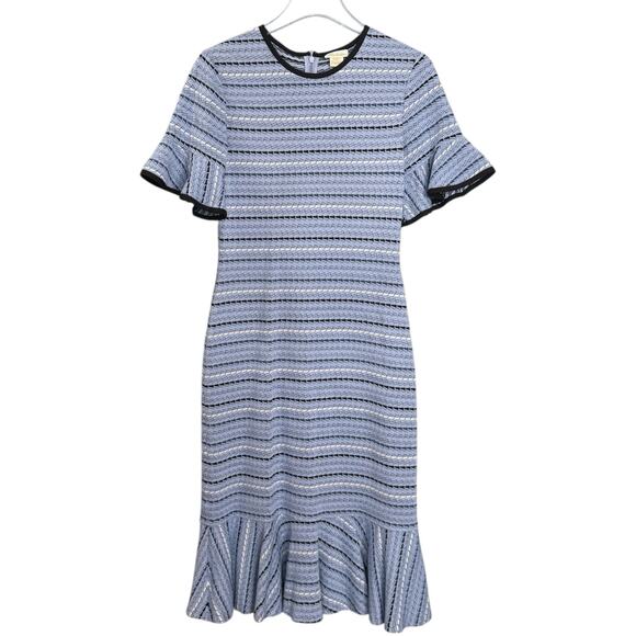 Shoshanna Size 4 Sophie Stripe Midi Dress Blue Ruffle Hem Knit Statement Sleeve - Picture 2 of 7